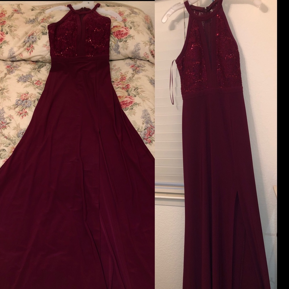 Floor length burgundy prom dress